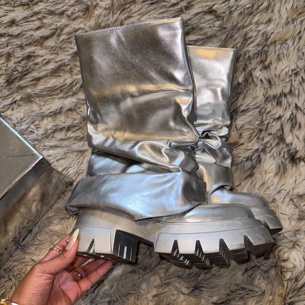 Azalea Wang Silver Combat Boots - Picture 1 of 11